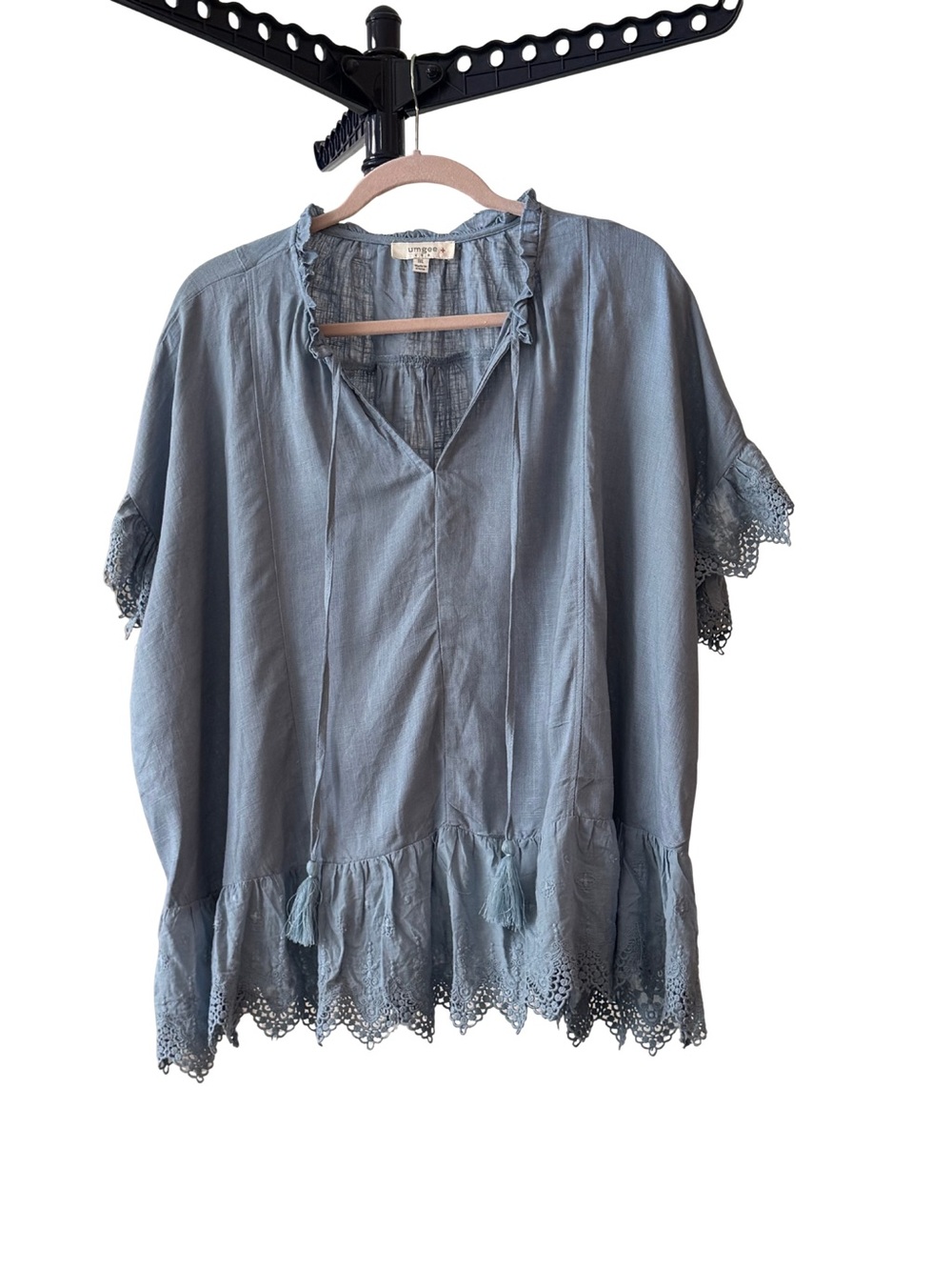 Umgee Light Blue Lace-Trim Peasant Blouse - Picture 2 of 3